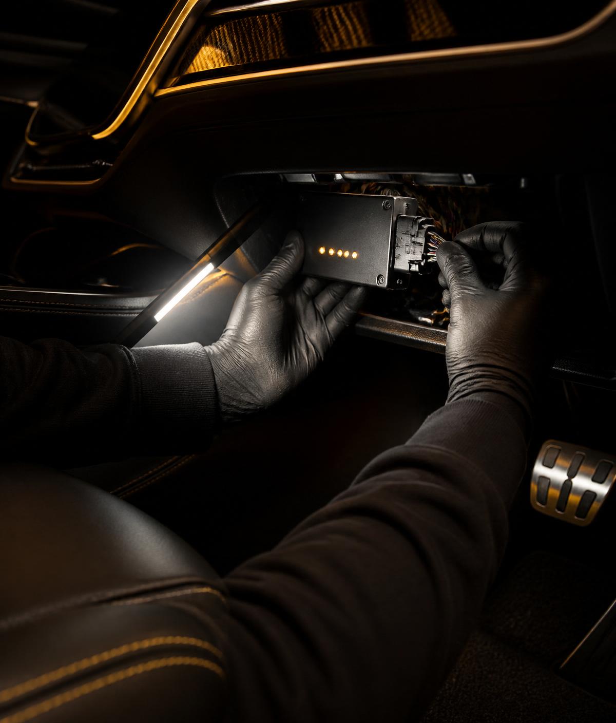 Protegra technician installing vehicle security electronics